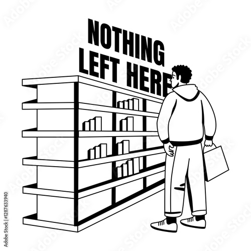 A glyph illustration of a shopping character checking empty shelves 