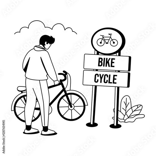 A glyph illustration of a character parking his cycle 