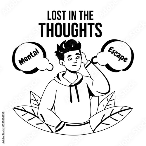 Mental escape glyph illustration of character with lost in the thoughts typography 