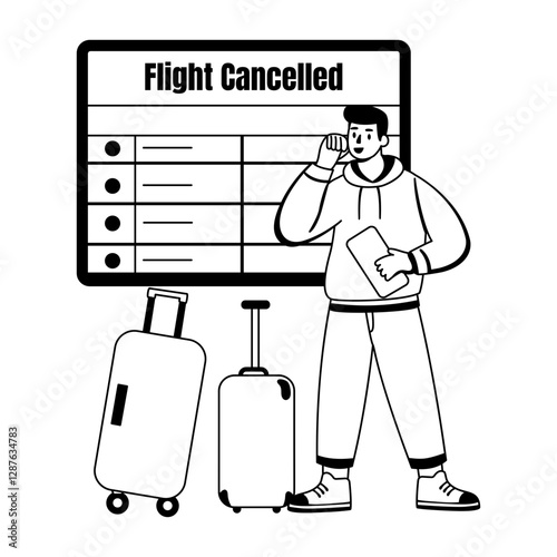 Flight cancelled glyph illustration of worried character with luggage 