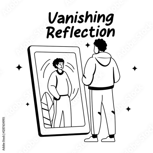 A glyph illustration of a character standing in front of mirror feeling low esteem 