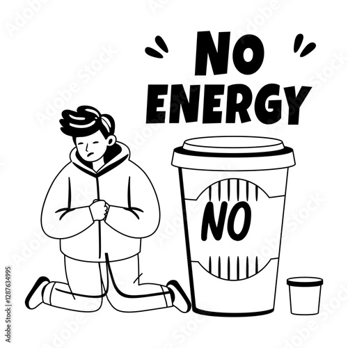 A glyph illustration of a character with no energy typography 