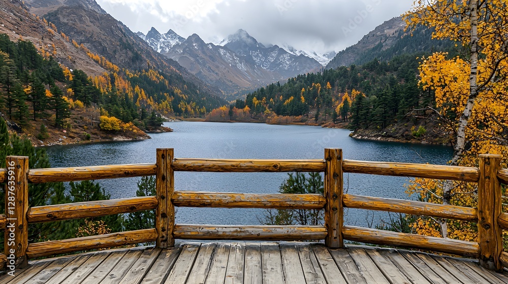 Breathtaking Autumnal Lake View from Wooden Deck Majestic Mountains Golden Trees Breathtaking Autumnal Lake View from Wooden Deck Majestic Mountains Golden Trees