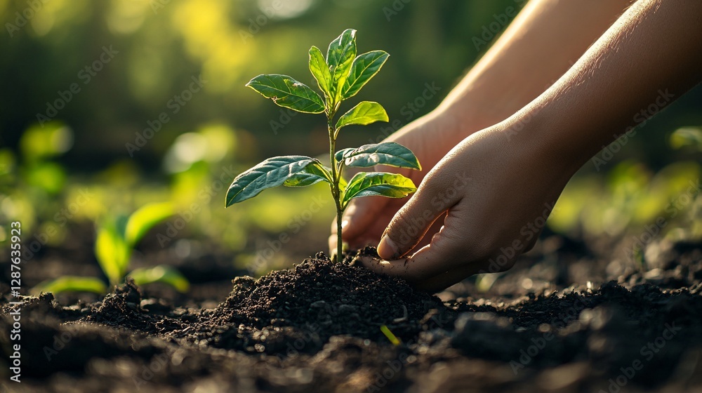 Fototapeta premium A person planting a small seedling in fresh soil outdoors
