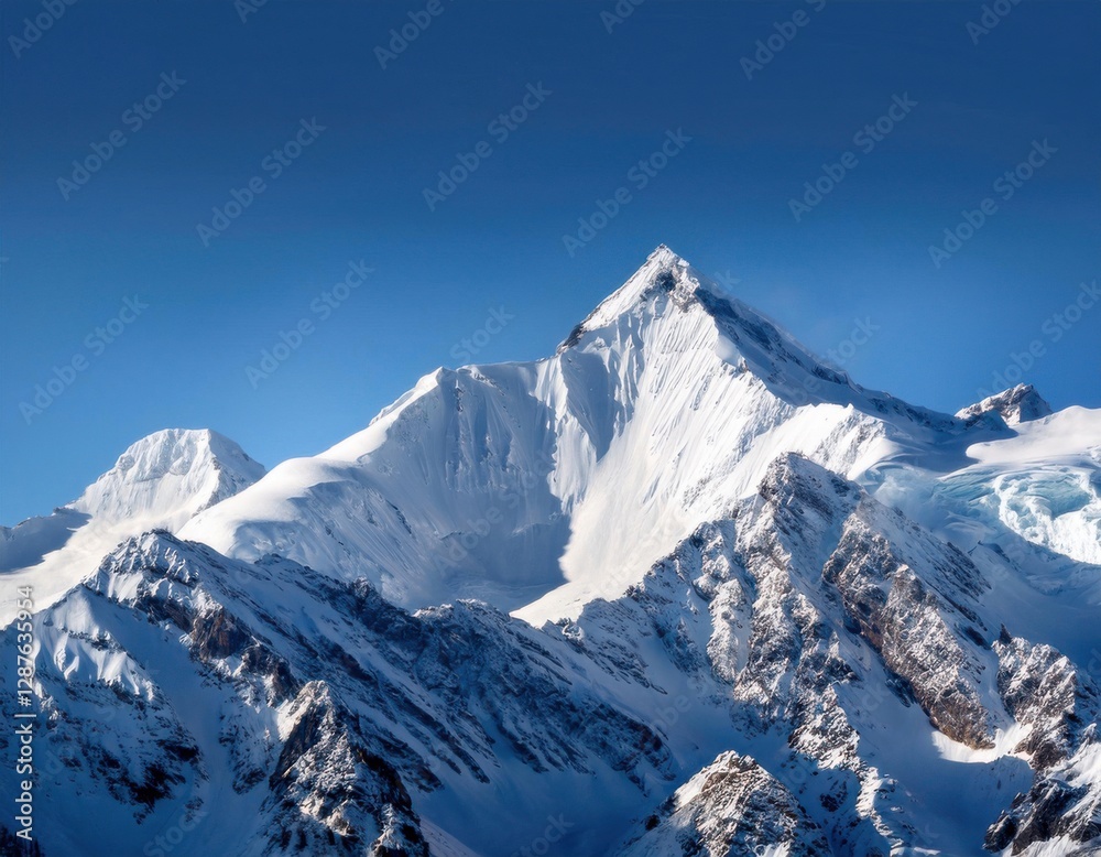 Fototapeta premium awe inspiring and grandeur inducing sight of a snow-covered mountain with its white peaks against a backdrop of a clear blue sky