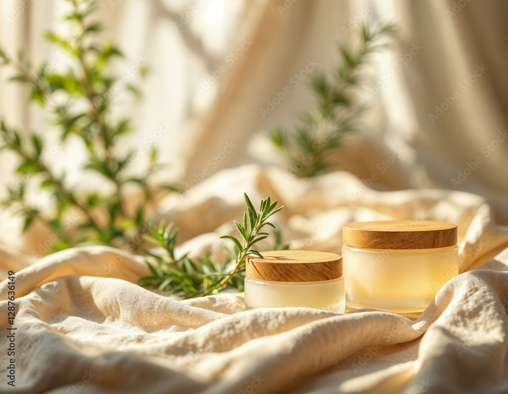 Cosmetic products with rosemary twigs on fabric, closeup. Natural Skincare Cream Cosmetic products with rosemary twigs on fabric, closeup. Natural Skincare Cream