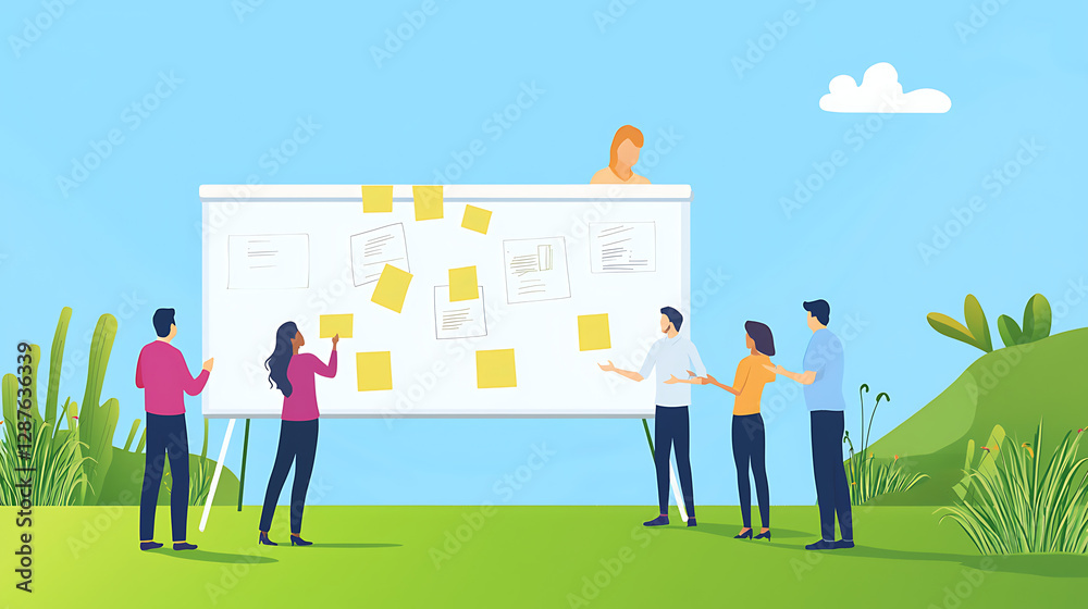 Naklejka premium Collaborative Business Meeting with Whiteboard and Sticky Notes 