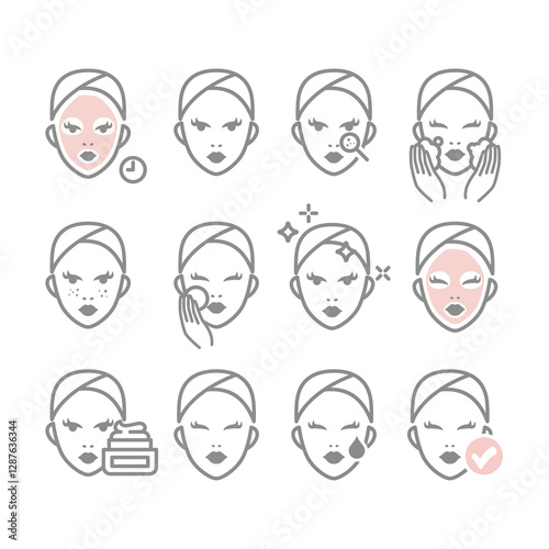 Women face and skin care, cosmetic routine icon set. Face mask sheet, cleaning and moisturizer icons.