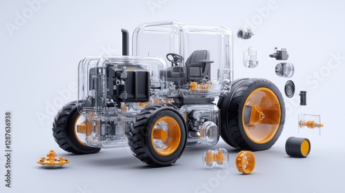 Tractor in Parts: A detailed exploded view showcases a tractor, with its components meticulously displayed, illustrating the inner workings and mechanics of this essential agricultural machine.