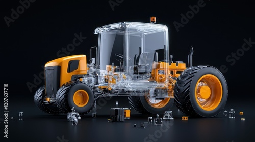 Transparent Tractor: A detailed, see-through rendering of a modern tractor, revealing the intricate inner workings of its engine, mechanics, and machinery on a dark background.