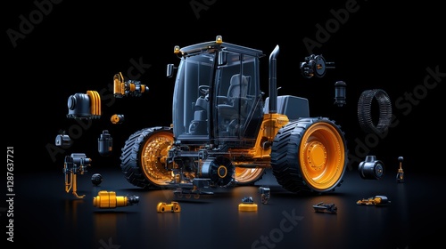 Mechanical Marvel: An intricate, exploded view of a modern tractor, showcasing its complex internal components in a detailed and dynamic display, illuminated against a dramatic backdrop.