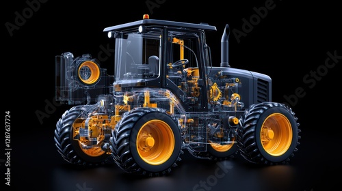 Anatomy of Power: A cutting-edge transparent rendering of a heavy-duty tractor, showcasing the intricate engineering and robust machinery within, set against a stark, dark backdrop.