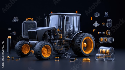 Agricultural Engineering: An innovative, detailed schematic of a tractor with key mechanical components displayed, designed to highlight engineering and design.