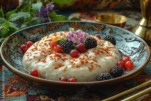 Traditional turkish keşkül dessert garnished with fresh berries and flowers on an ornate plate photo