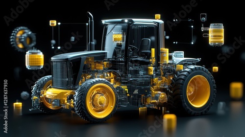 Tractor Technology:  An innovative conceptual image showcasing the intricate workings of a tractor with a high-tech, see-through design, highlighting its components, system, and engineering ingenuity.