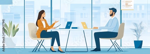 A recruiter interviewing a candidate in a minimalist, well-designed office