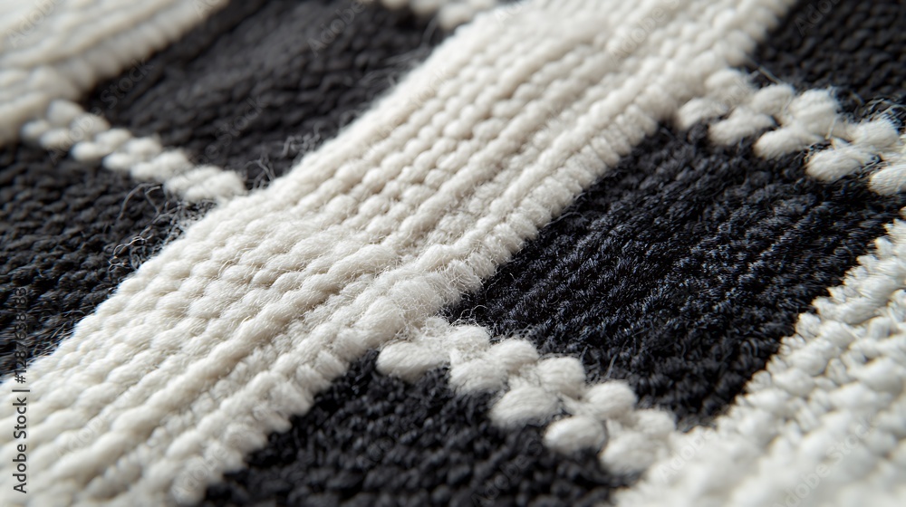 A close-up captures the intricate details of a woven fabric, displaying a geometric pattern of contrasting colors and textures. A close-up captures the intricate details of a woven fabric, displaying a geometric pattern of contrasting colors and textures.
