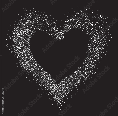 Decorative frame of circular gray particles, heart shaped powder. Perfect for love-themed and romantic designs, the artistic arrangement conveys charm and elegance with heart-shaped elements.