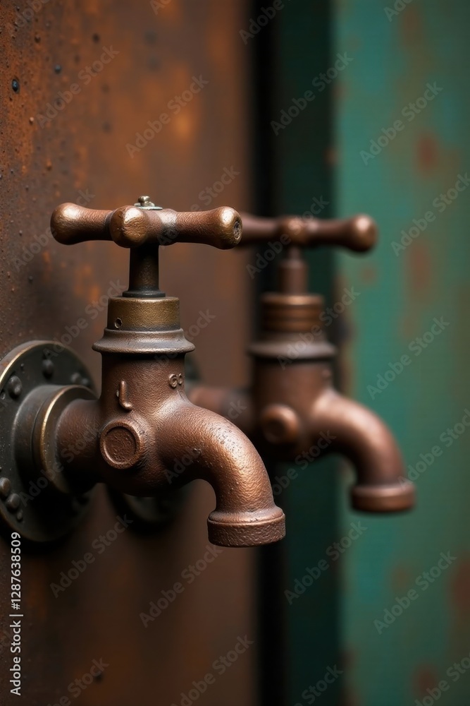 Rustic bronze faucets mounted on a textured wall, a close-up detail showcasing the aged patina and intricate craftsmanship of the vintage water fixtures Rustic bronze faucets mounted on a textured wall, a close-up detail showcasing the aged patina and intricate craftsmanship of the vintage water fixtures
