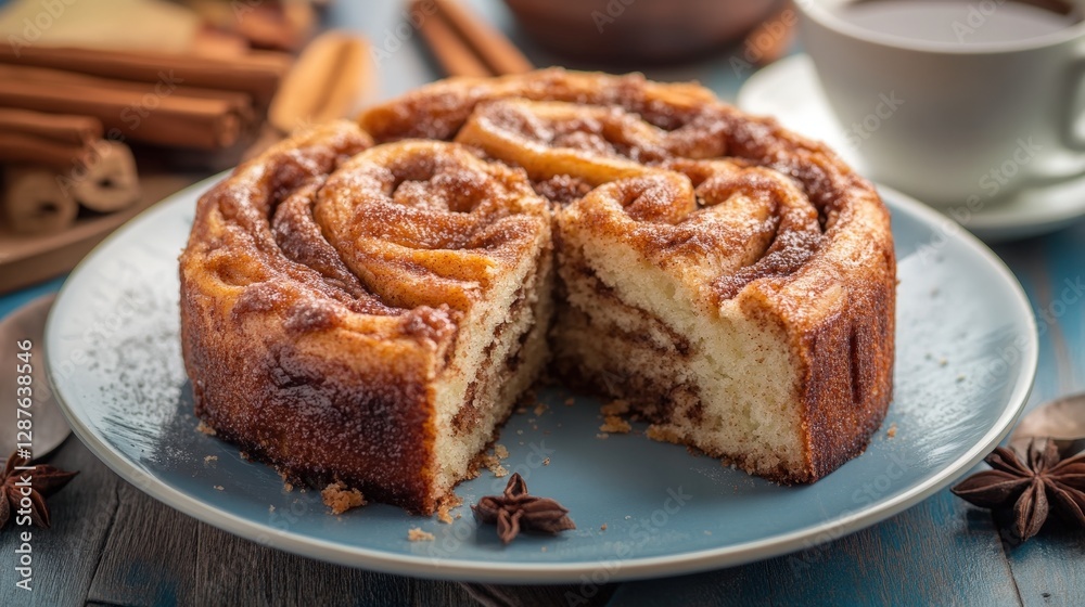 Freshly Baked Cinnamon Roll Cake on Table with Coffee and Spices Freshly Baked Cinnamon Roll Cake on Table with Coffee and Spices