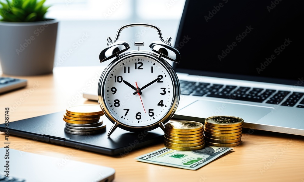Time is money concept: clock, coins, and laptop on office desk Time is money concept: clock, coins, and laptop on office desk