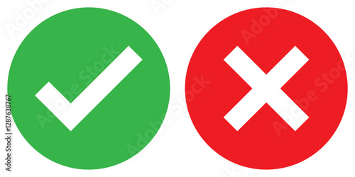 Check mark and red cross mark icon set. Isolated tick and cross symbols, checklist signs. Checkmark and x or confirm and deny line art colored icon for apps and websites. Vector illustration