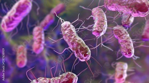 A detailed microscopic view of Salmonella bacteria is shown in the image. The Salmonella bacteria, under the microscope, exhibit their specific shapes and arrangements. Surrounding the bacteria, there