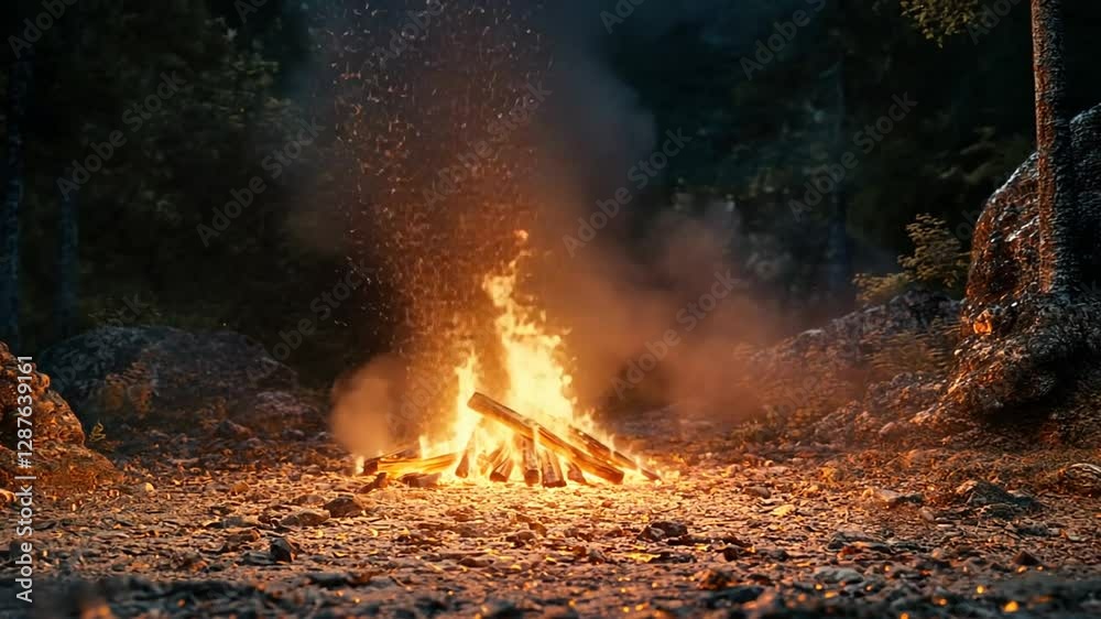 A crackling campfire erupts with sparks in a dark forest, illuminated by glowing embers. A crackling campfire erupts with sparks in a dark forest, illuminated by glowing embers.