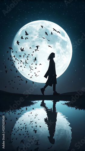 Surreal Silhouette of Person Dissolving into Birds under Full Moon Reflection HD 4K Image
