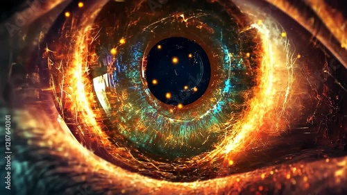 Close-up view of a striking human eye showcasing vibrant colors and cosmic elements