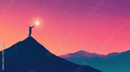 A person reaching for the stars atop a mountain during a beautiful twilight.