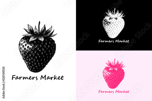strawberry with leaves and seeds, fruits shop, fruits market, farmers market logo, fresh fruits, sweet, farming, agriculture, supermarket, superstore, mart, food blog, vector, logo