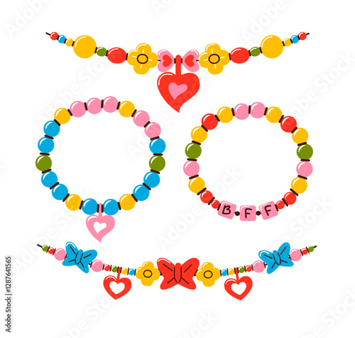 Friendship bracelet vector set. Handmade jewelry. Doodle illustration. 