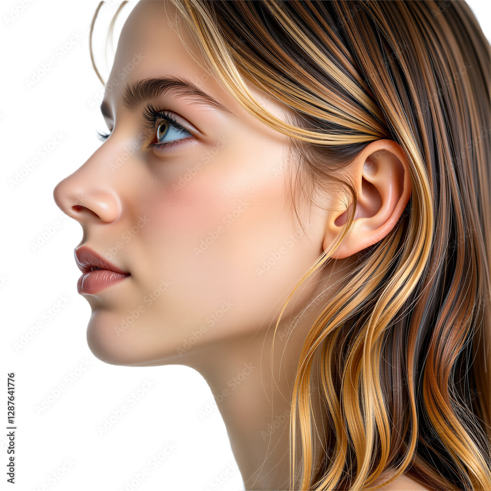 Close-up profile of a serene blonde woman, isolated on transparent background. Ideal for beauty, fashion, and lifestyle projects. Perfect for web design and social media. Close-up profile of a serene blonde woman, isolated on transparent background. Ideal for beauty, fashion, and lifestyle projects. Perfect for web design and social media.