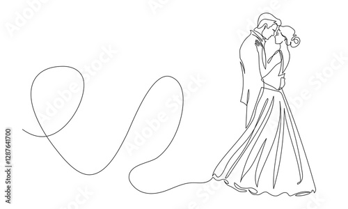 Wedding scene in one continuous line drawing. One line poster. Outline wedding party. For interior design and presentations . Vector illustration.