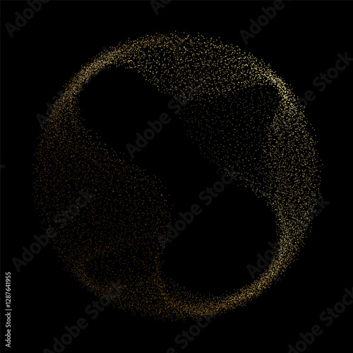 Abstract vector dot particles fluid flowing round shape wavy smooth curve gold gradient light on black background in concept of luxury, technology, science, music, modern.