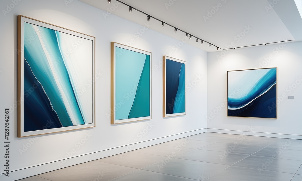 Modern art gallery featuring abstract blue paintings on minimalist white walls Modern art gallery featuring abstract blue paintings on minimalist white walls