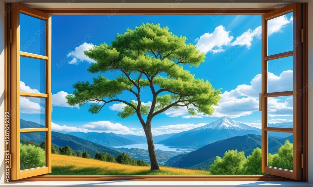 Fototapeta premium Open window view of lush green landscape with tree and snowcapped mountain