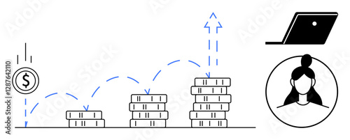 Stacks of coins building up symbolizing financial growth, laptop symbolizing technology, and person representing expertise. Ideal for financial planning, investment strategies, wealth management