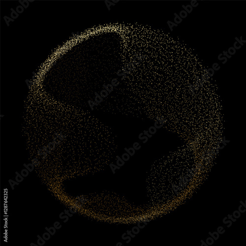 Abstract vector dot particles fluid flowing round shape wavy smooth curve gold gradient light on black background in concept of luxury, technology, science, music, modern.