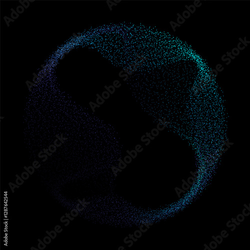 Abstract vector dot particles fluid flowing round shape wavy smooth curve blue green gradient light on black background in concept of technology, science, music, modern.