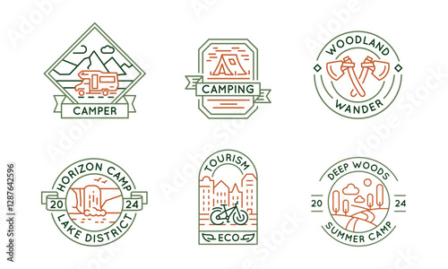 Camping and outdoor adventure logos, labels, icons. A set of 6 camping logotypes. Camper, Bear, Lake, Mountains, Forest. Ideal for branding campsites, outdoor gear, adventures. Vector illustration
