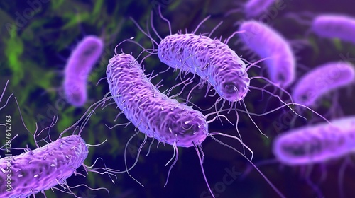 A detailed microscopic view of Salmonella bacteria is shown in the image. The Salmonella bacteria, under the microscope, exhibit their specific shapes and arrangements. Surrounding the bacteria, there