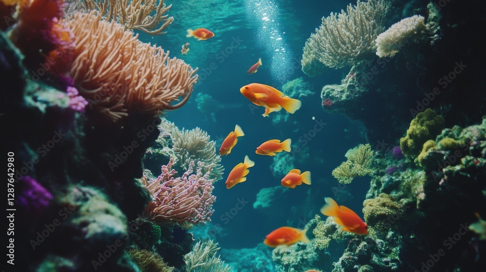 Fototapeta premium 92.92. A coral reef being explored by divers, with bright tropical fish swimming through vibrant coral formations.