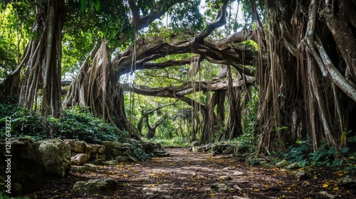 66.A dense jungle with thick vines, ancient trees, and a troop of monkeys swinging through the canopy.