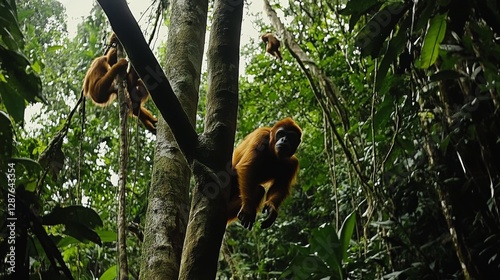 66.A dense jungle with thick vines, ancient trees, and a troop of monkeys swinging through the canopy.