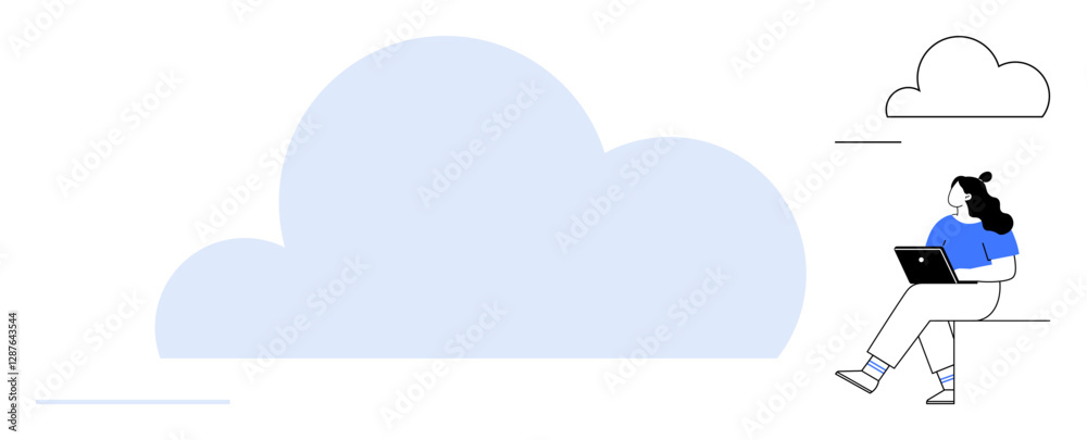 Woman sitting with laptop near large cloud symbolizing cloud computing, smaller cloud in background. Ideal for technology, remote work, internet, data storage, digital tools, creativity Woman sitting with laptop near large cloud symbolizing cloud computing, smaller cloud in background. Ideal for technology, remote work, internet, data storage, digital tools, creativity