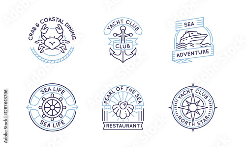 Sea and yacht logos, labels, icons. A set of 6 sea logotypes. Yacht, cruise, octopus, captain, sea horse, crab. Ideal for branding yacht clubs, restaurants, cruises. Vector illustration