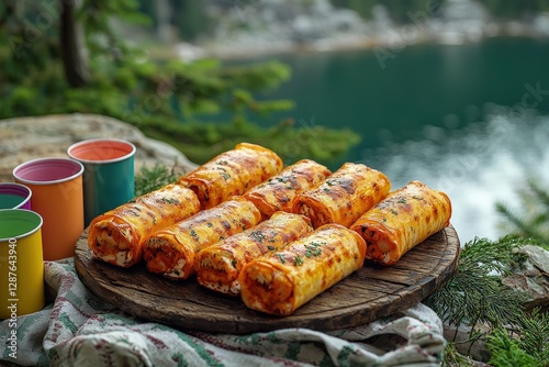 Savory outdoor picnic: delicious rolled pastries by a scenic lake in nature photo