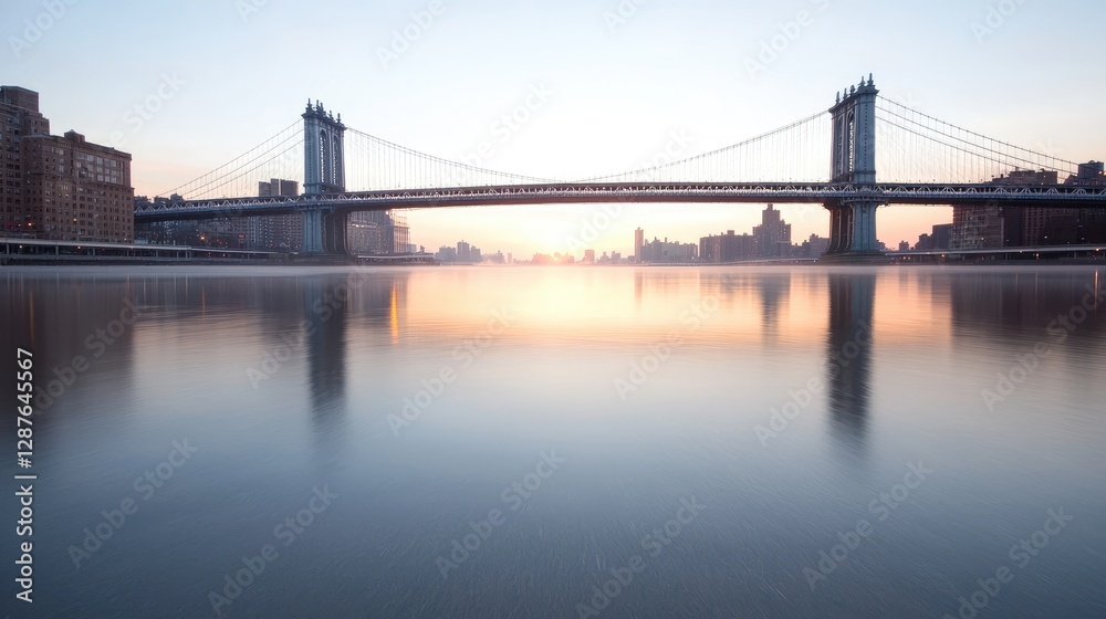 Fototapeta premium Sunrise over Manhattan Bridge, calm river reflection, city skyline
